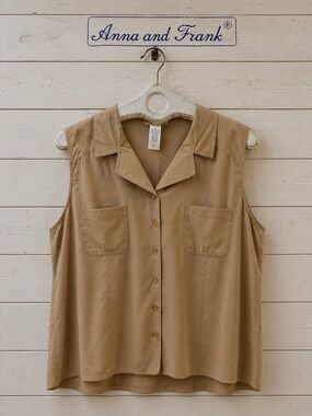 ANNA AND FRANK Beige 100% Silk Sleeveless Button-Up Blouse XL